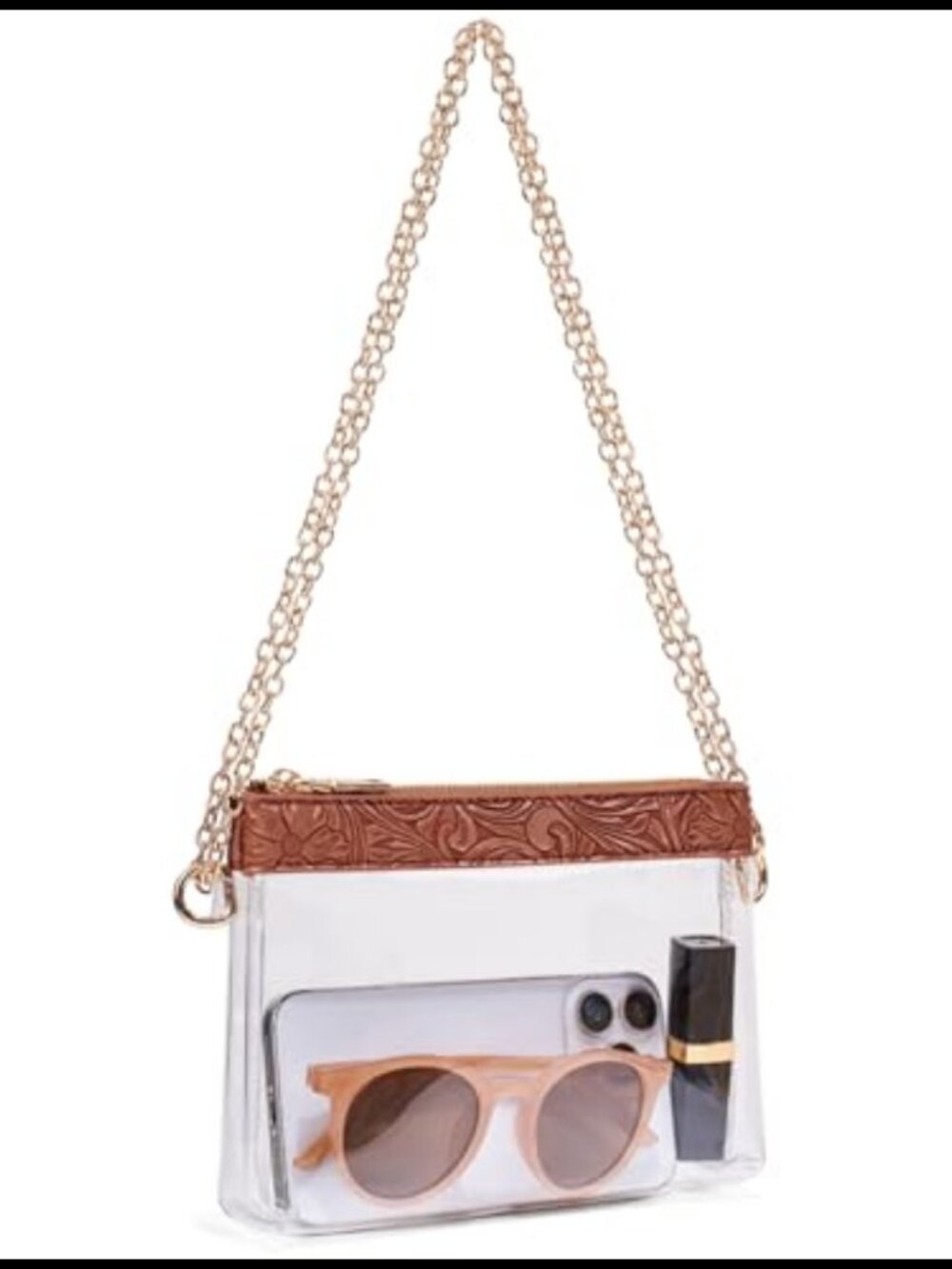 Clear Crossbody Stadium Bag Waterproof PVC Vegan Leather Trim Chain Strap